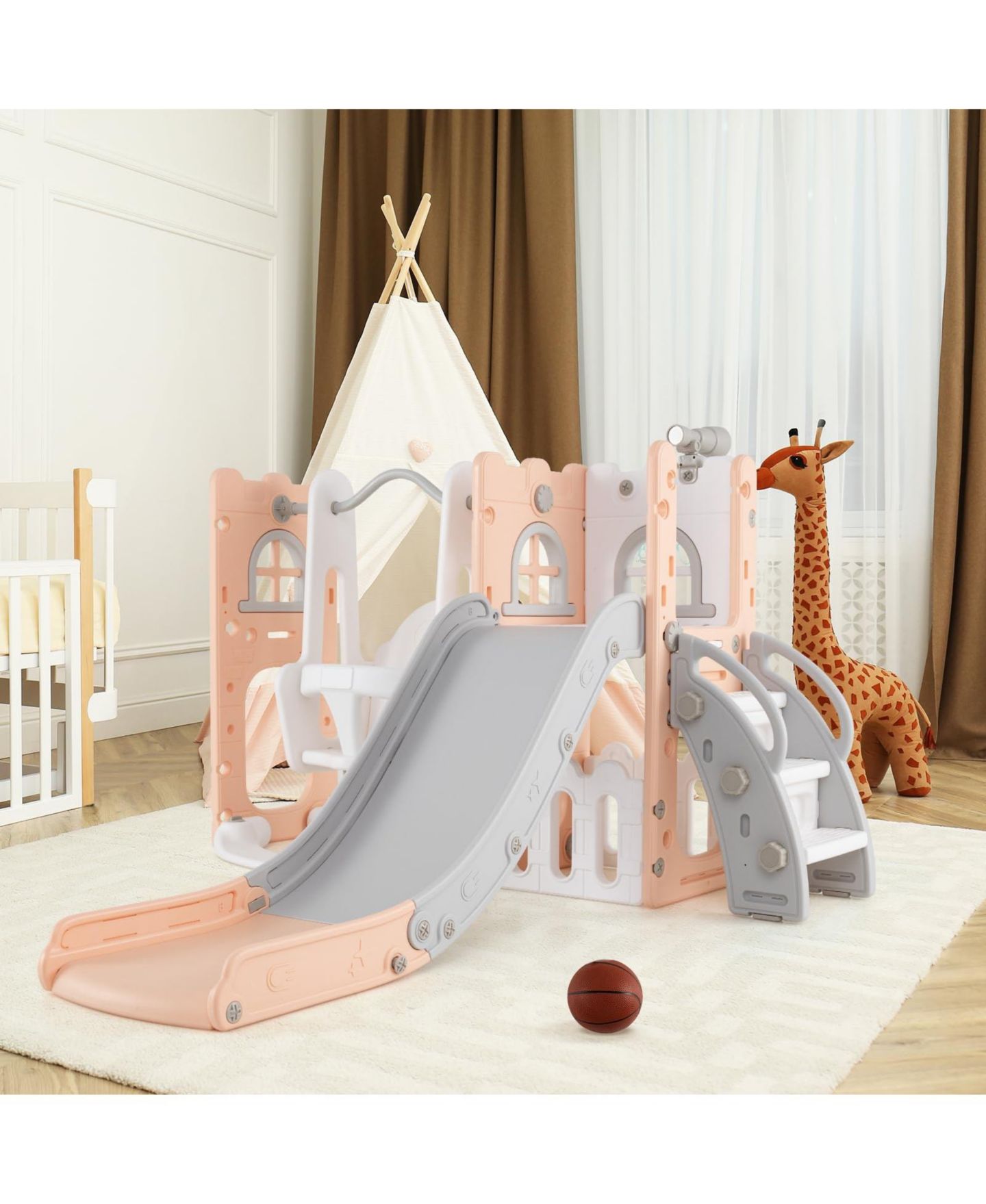 Детские игрушки Mecale 7-in-1 L-Shaped Swing and Slide Set, 56"L x 65"W x 33.5"H, Ages 1+, цвет: Розовый — фото 2