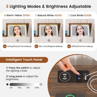 Vanity Desk with Mirror & Lights, Charging Station, Drawers & Chair