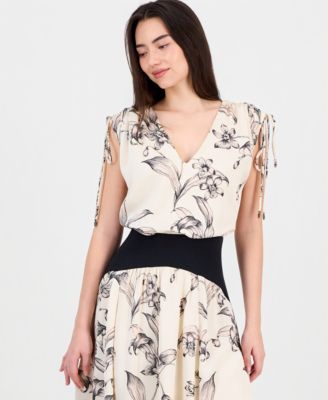 Women's V-Neck Blouson Dropped-Waist Maxi Dress