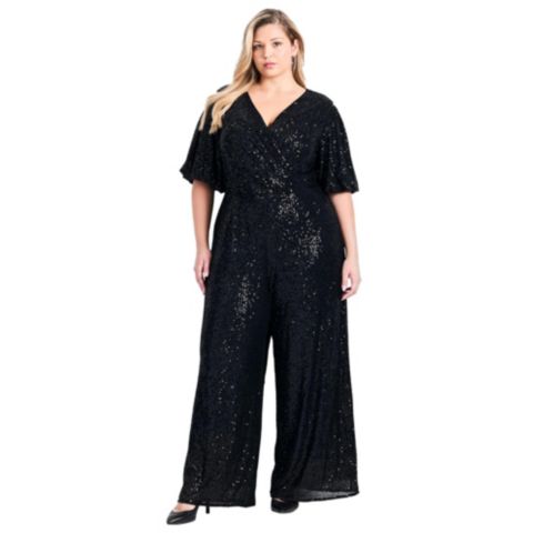 Женский комбинезон AVENUE Plus Size Nada Sequin Puff Sleeve Jumpsuit, цвет: Чёрный
