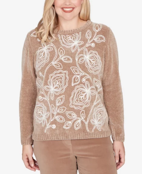 Women's Petite Vienna Stitched Leaf Detail Sweater - Mocha