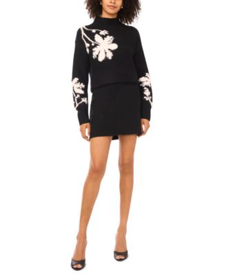 Women's Mockneck Floral Motif Long-Sleeve Sweater
