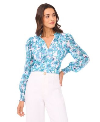 Women's Smocked Cuff Ruffle Long-Sleeve Blouse