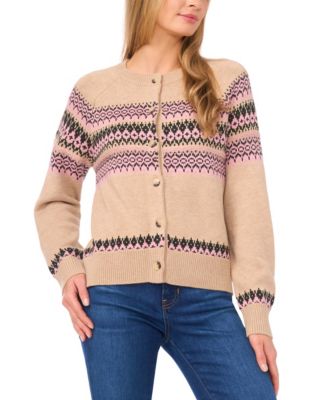 CeCe - Women's Crewneck Fair Isle Long-Sleeve Cardigan