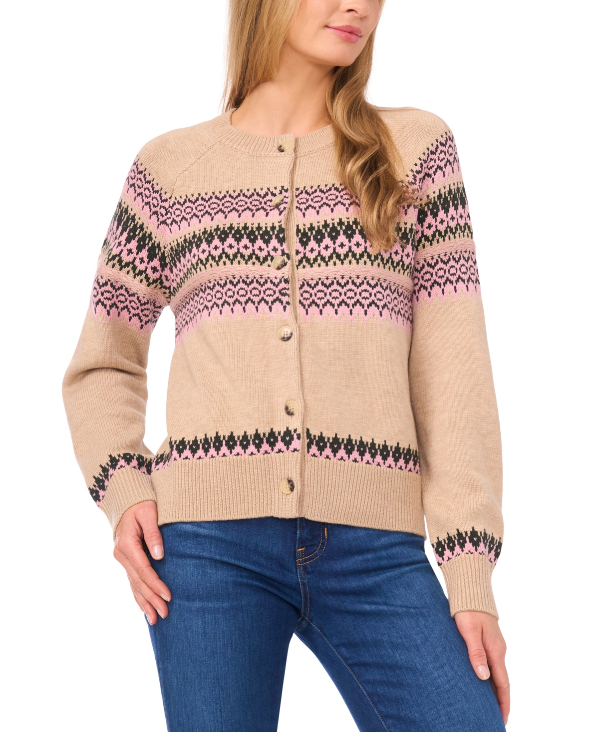 CeCe Women's Crewneck Fair Isle Long-Sleeve Cardigan Sweater