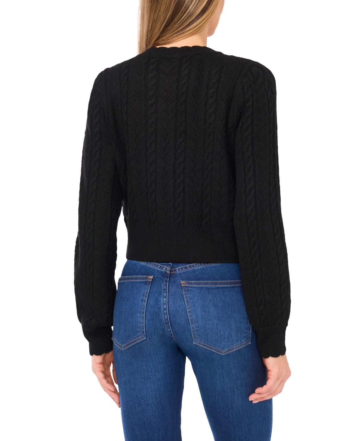 Cece Women's Crewneck Heart Button Pointelle Cardigan Sweater In Black
