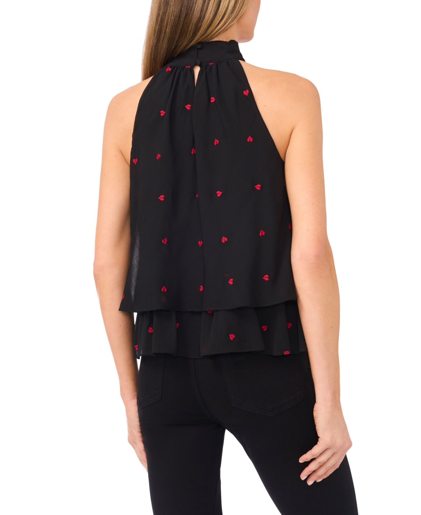 Женский топ CeCe Valentine's Tiered Halter Heart Embroidered Bow Tie, цвет: Насыщенный чёрный — фото 3
