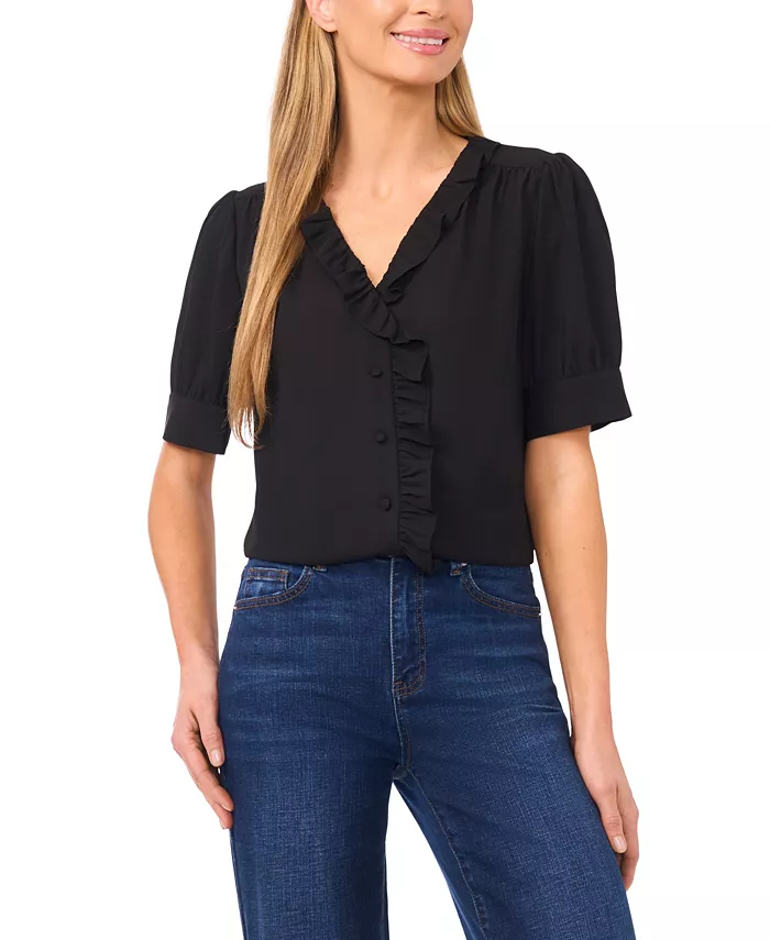Women's Puff Short-Sleeve Button Down Ruffle Top - thumbnail 4