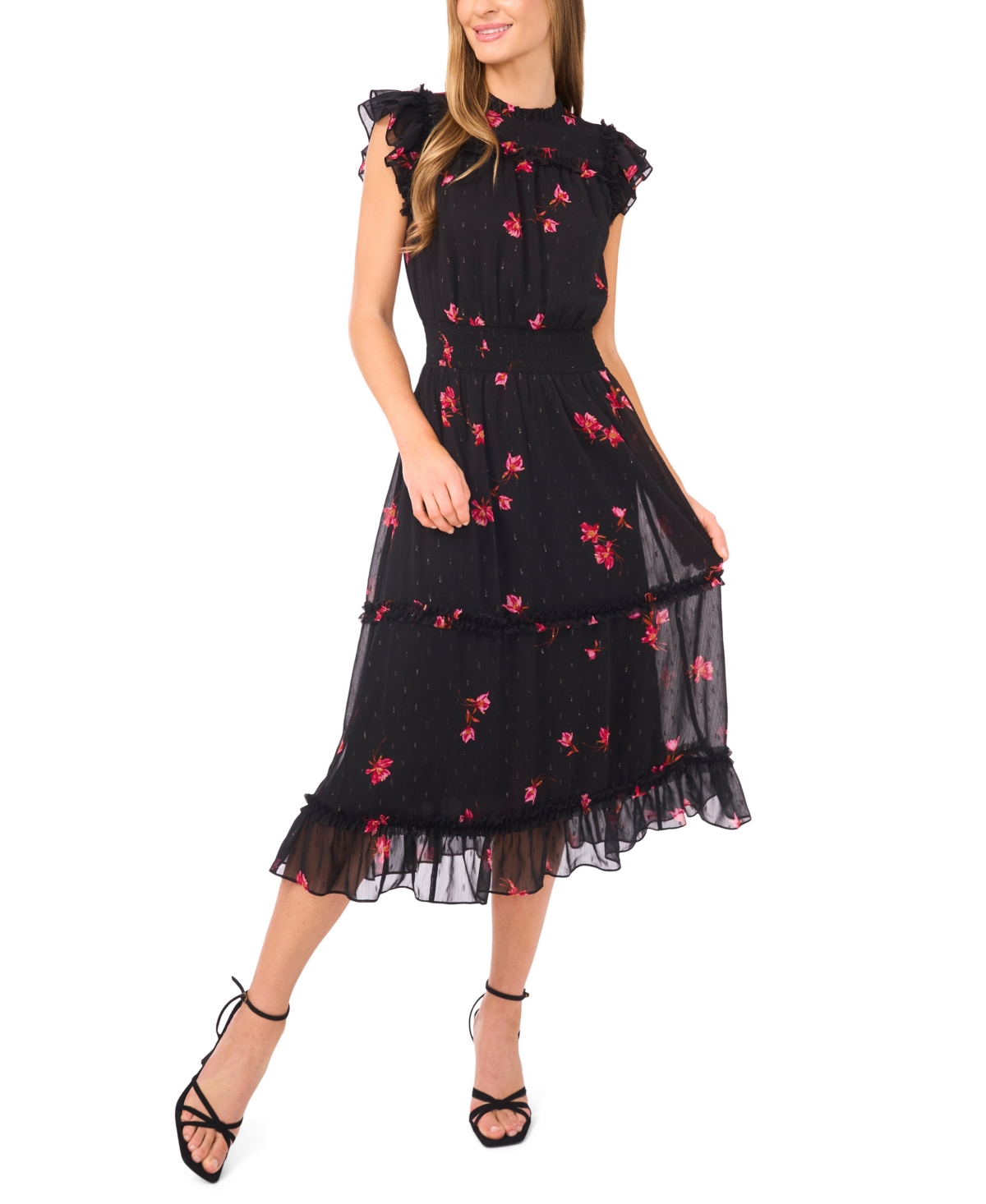 Cece Women's Flutter Sleeve Smocked Waist Midi Dress In Black