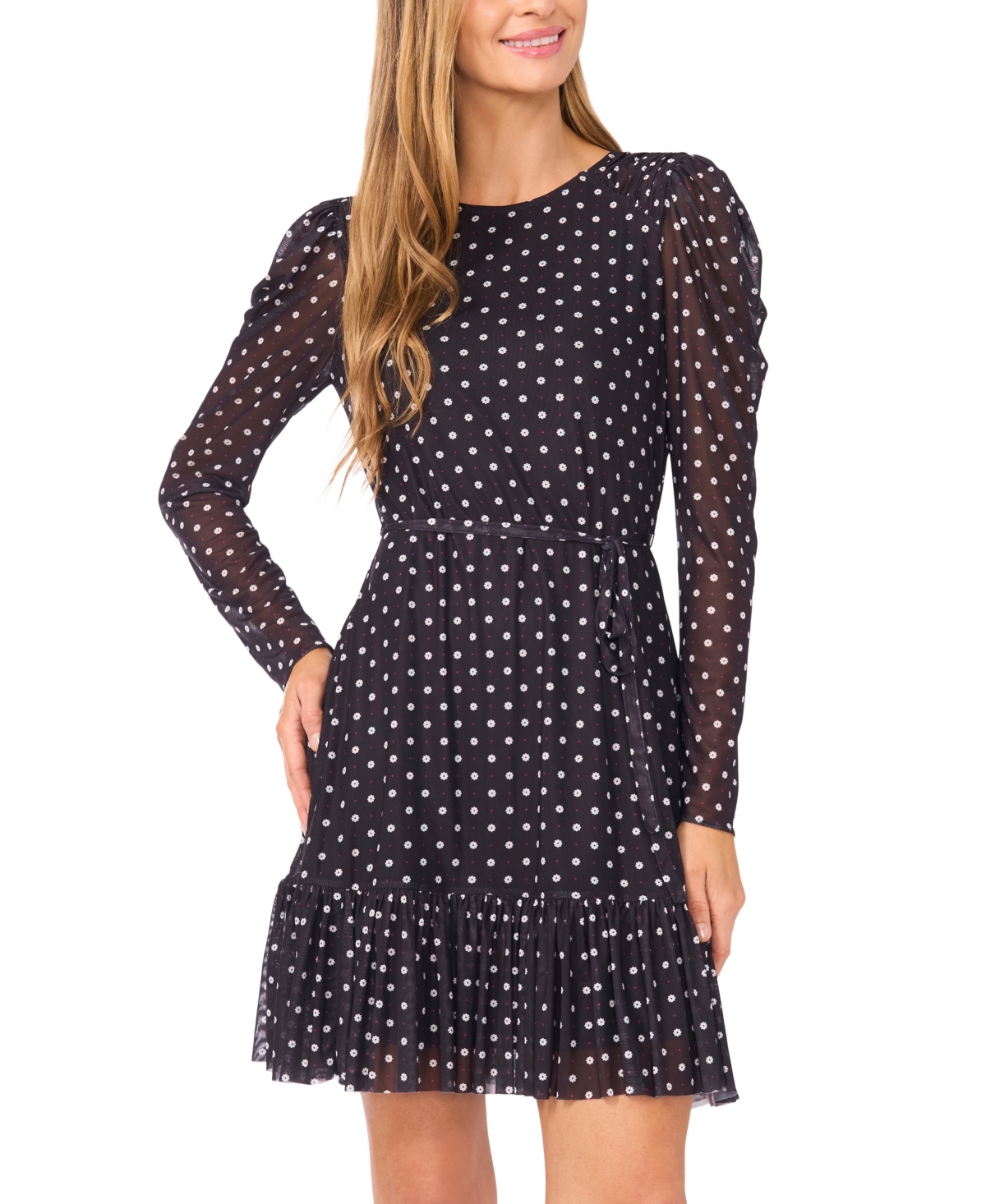 CeCe Women's Waist Tie with Ruffle Hem Mini Dress