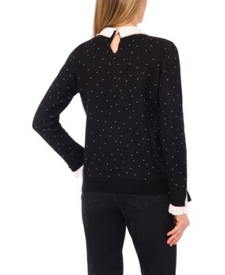 Women's Imitation Pearl Collar Crewneck Polka Dot Sweater