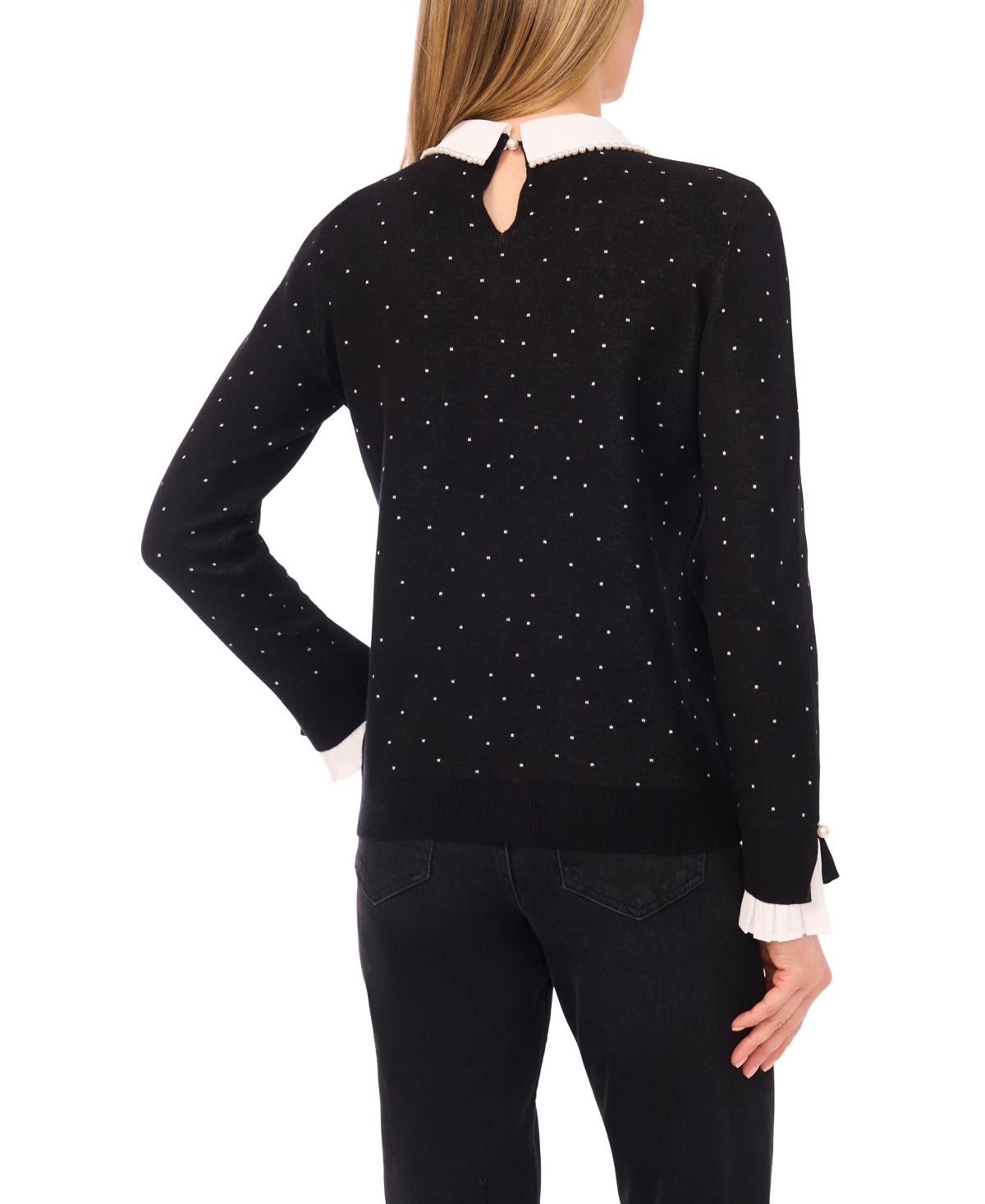 CeCe Women's Imitation Pearl Collar Crewneck Polka Dot Sweater