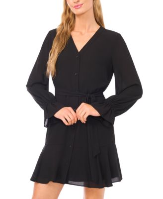 Women's V-Neck Long-Sleeve Tie Waist Dress