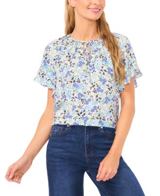 CeCe - Women's Shirred Short-Sleeve Front Keyhole Top