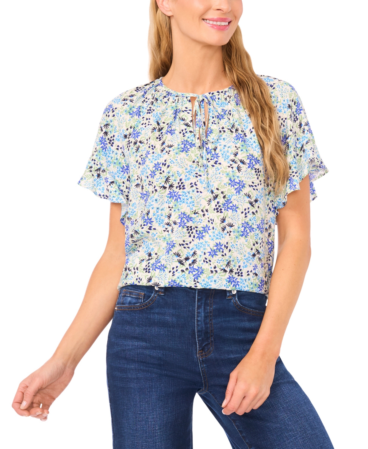 CeCe Women's Shirred Short-Sleeve Front Keyhole Top