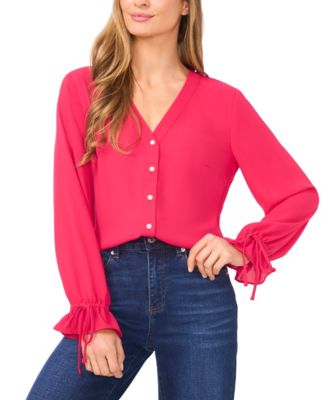 CeCe - Women's V-Neck Button Down Lace Flounce Trim Top