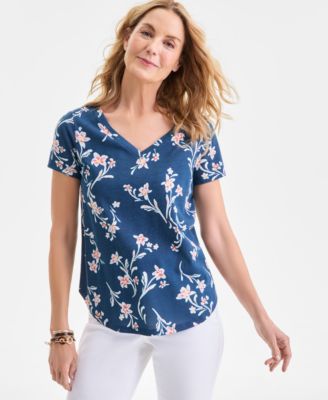 Style & Co - Women's Floral-Print V-Neck Short-Sleeve T-Shirt