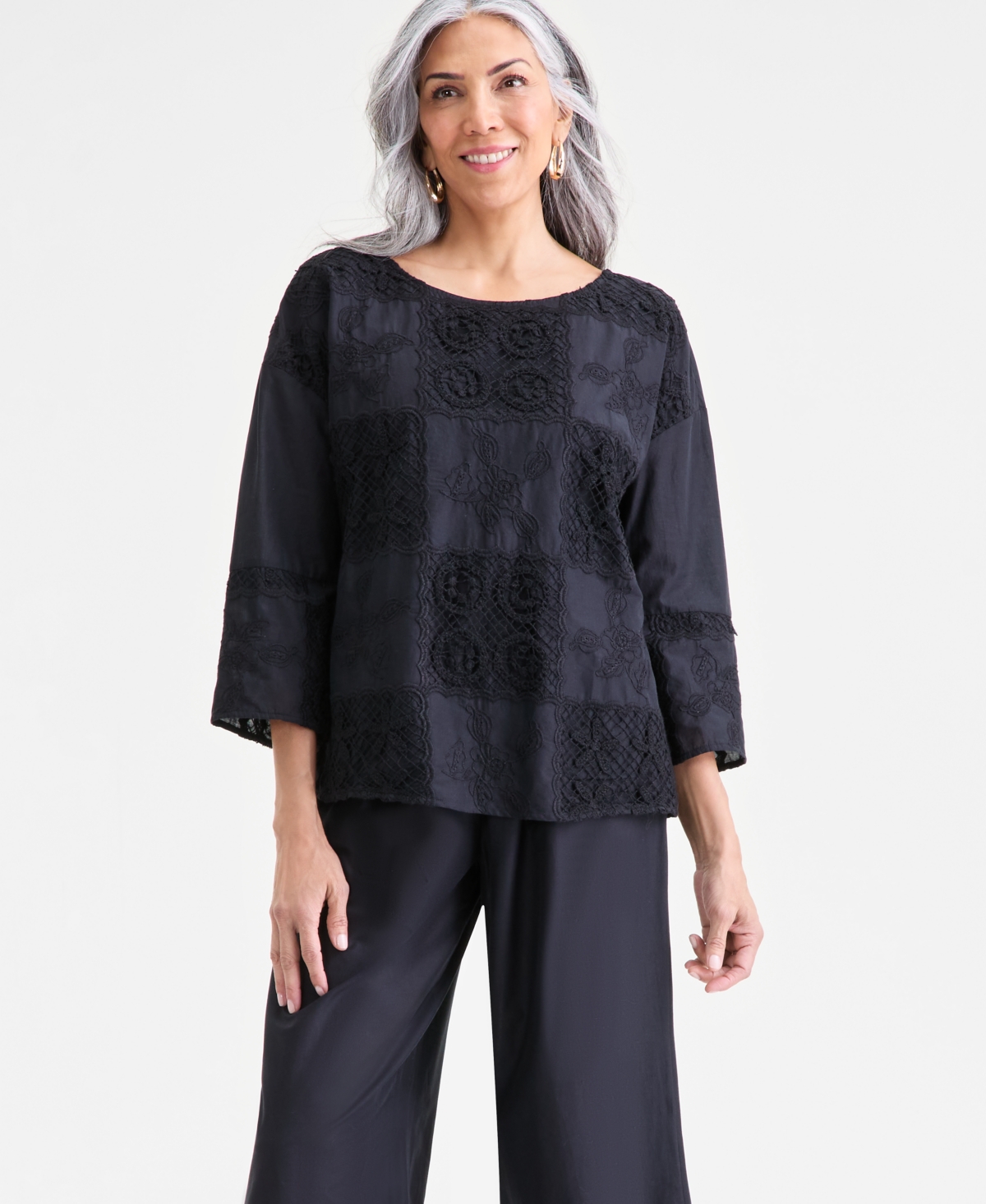 Style & Co . Women's Crochet Patchwork Top, Macy's Exclusive In Black