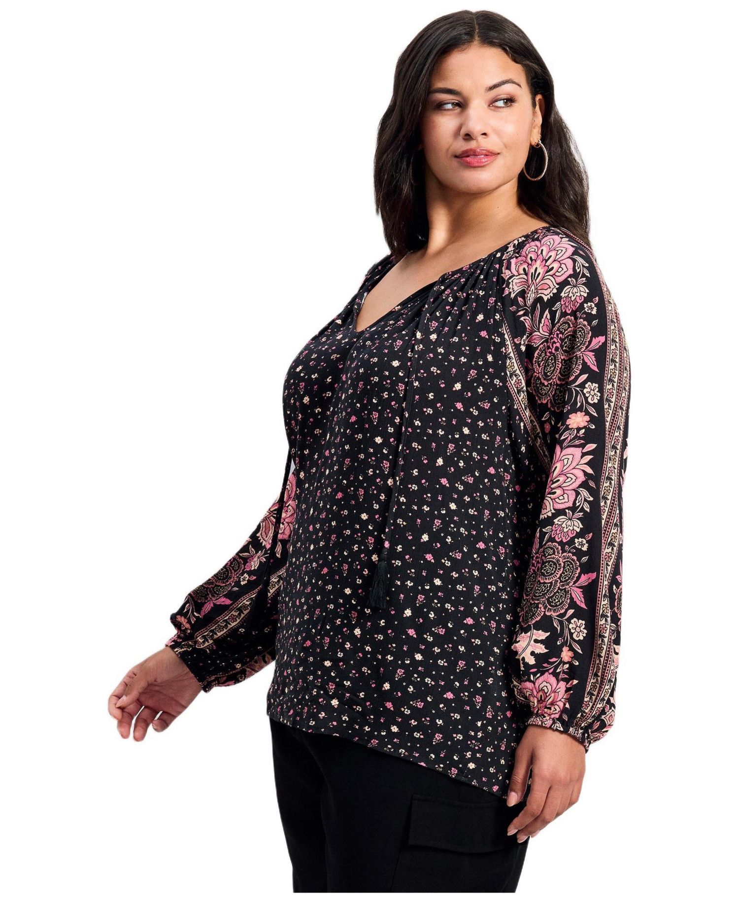 Women's Plus Size Eliana Border Print Sleeve Peasant Top