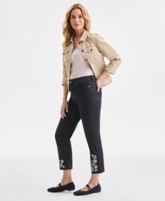 Petite Embroidered Cropped High Rise Straight Jeans, Macy's Exclusive