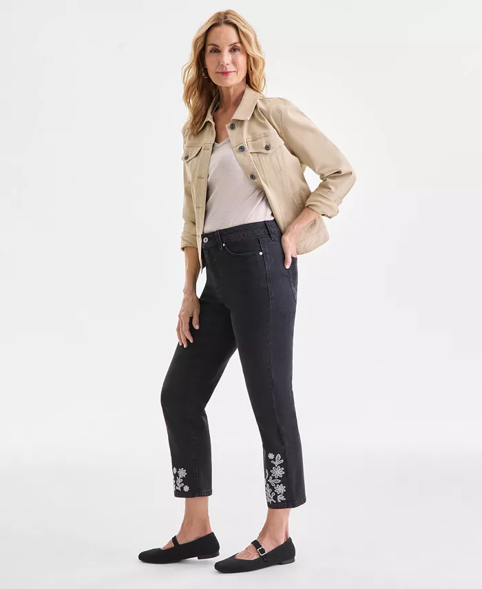 Women's Embroidered Cropped High-Rise Straight-Leg Jeans - thumbnail 2