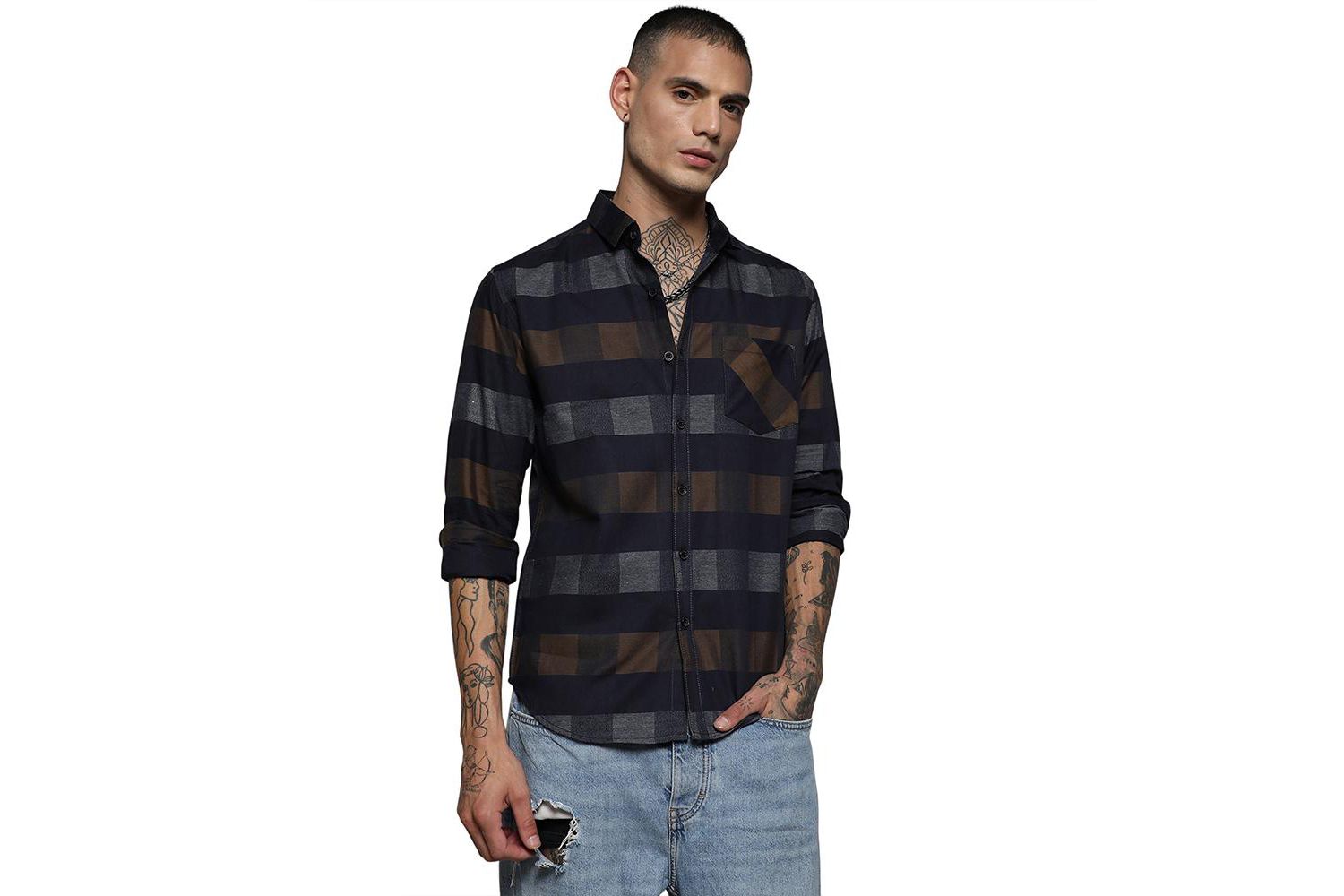 Men's Grey & Olive Green Gun Club Check Shirt