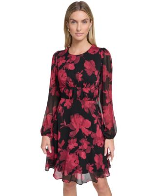Petite Printed Long-Sleeve A-Line Dress