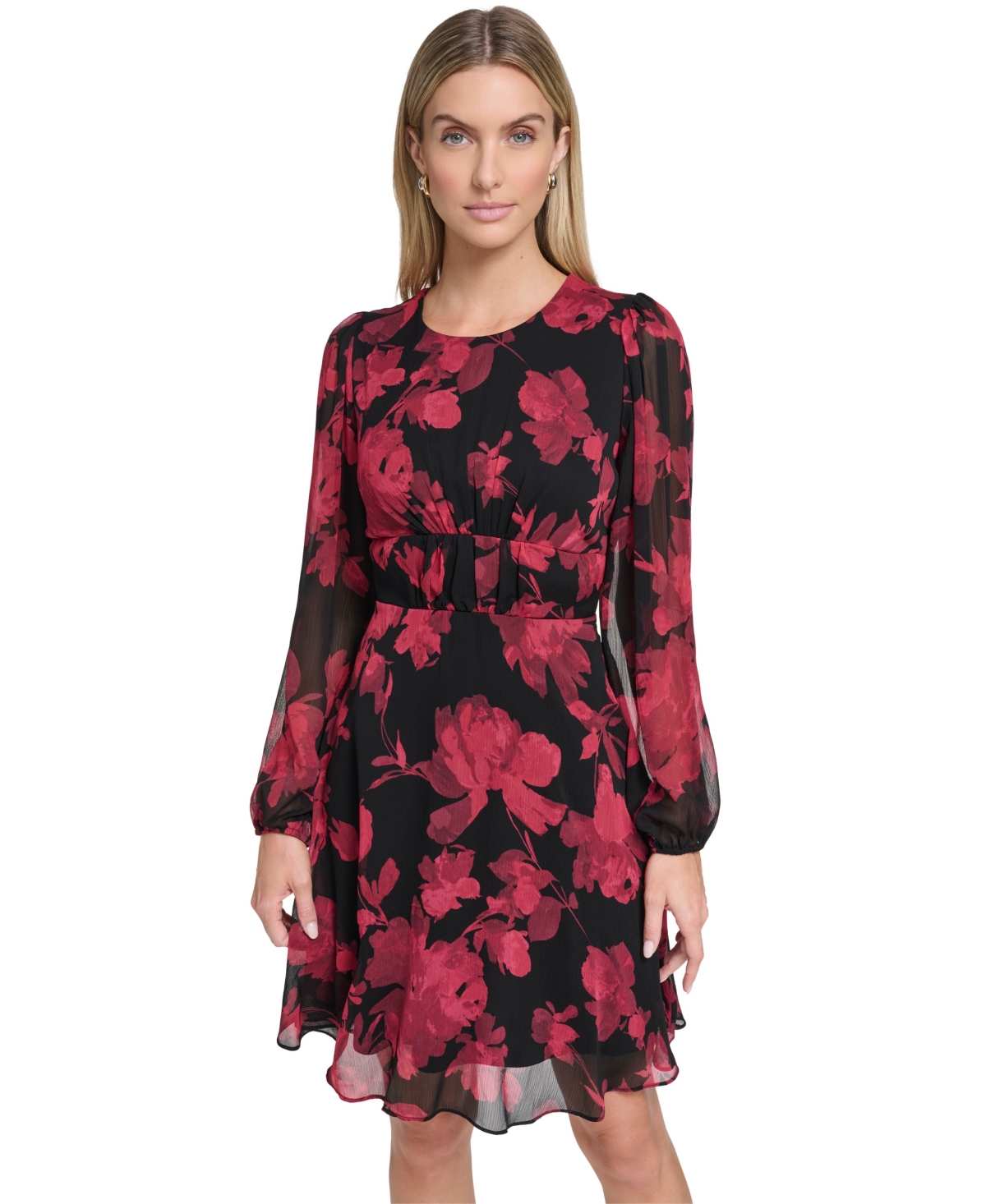 Calvin Klein Petite Printed Long-sleeve A-line Dress In Multi