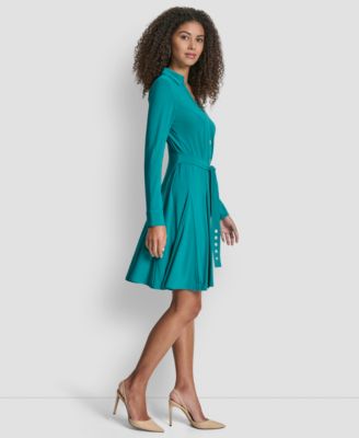 Women's Long Sleeve Collared Neck Godet Fit and Flare Dress