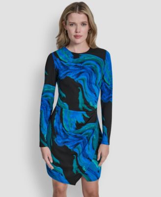 Women's Long Sleeve Jewel Neck Ruched Skirt Dress