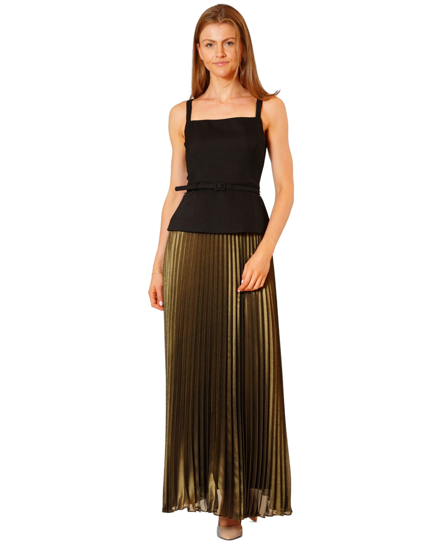 Women's Mix Media Belted Pleated Skirt Dress