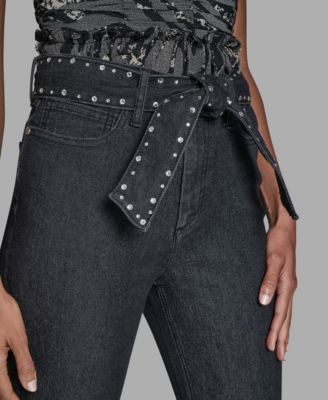 Women's Grommet Straight Leg Mid Rise Jeans