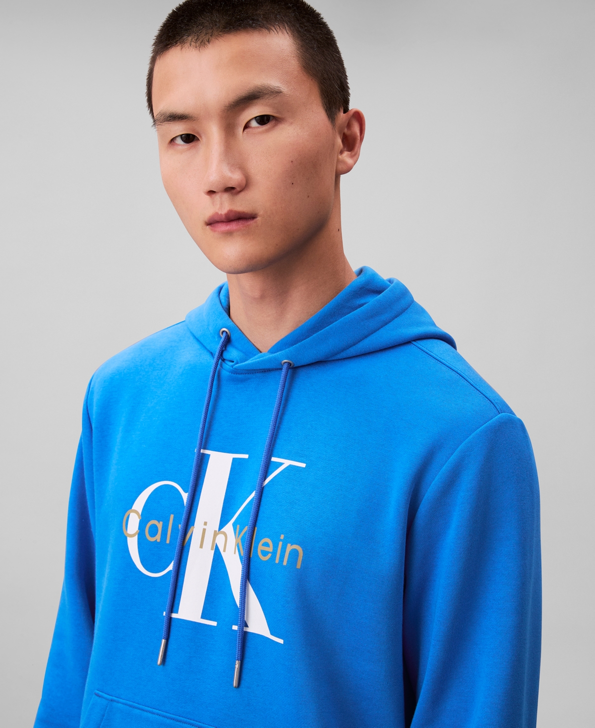 Calvin Klein Men's Monogram Logo Fleece Hoodie In Blue