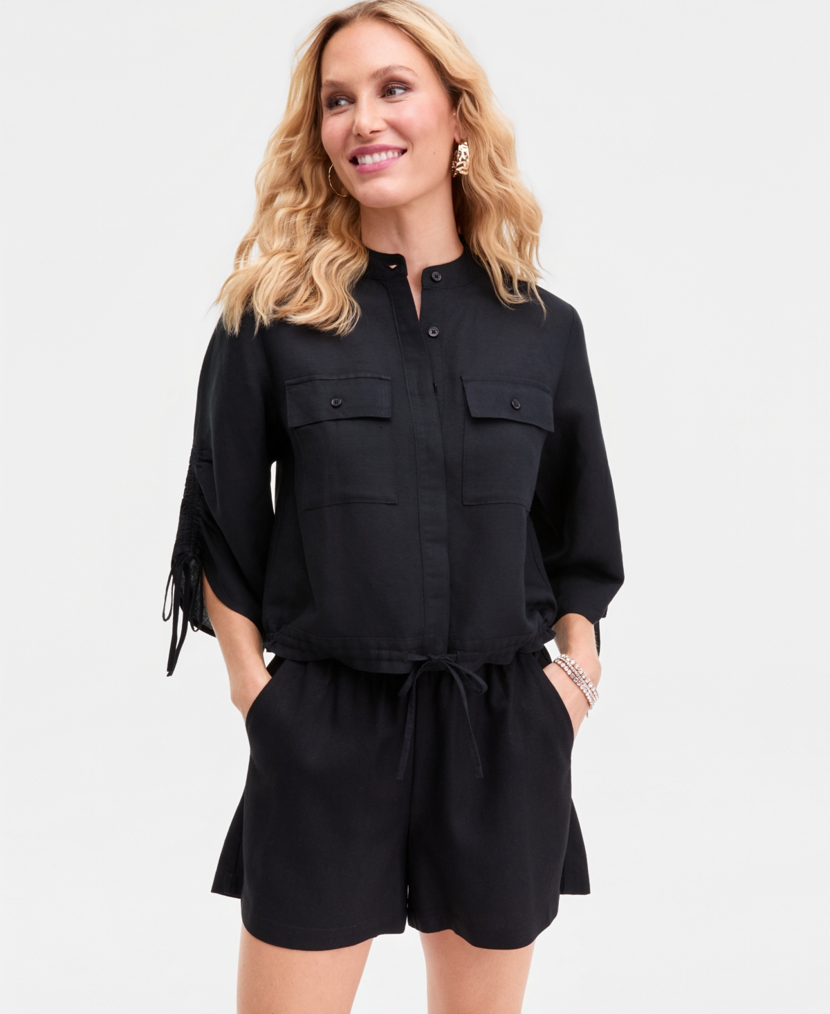 Inc International Concepts Women's Tie-sleeve Chambray Tie-waist Blouse, Macy's Exclusive In Black