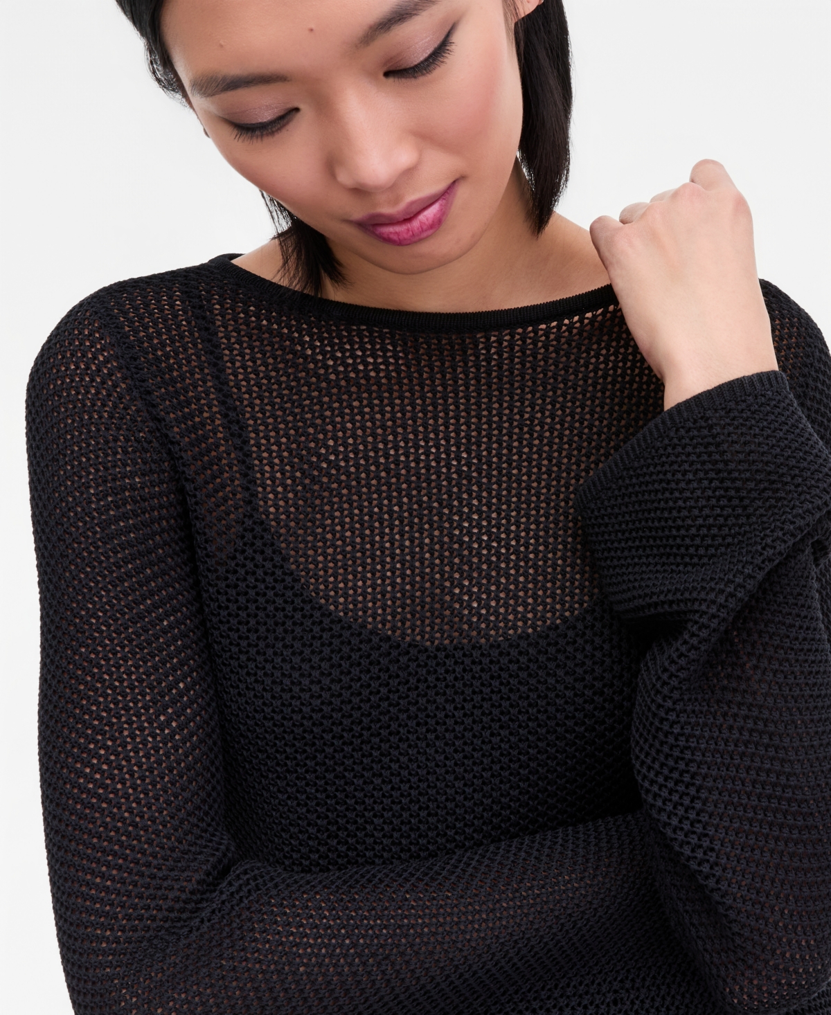 Inc International Concepts Women's Long Sleeve Open-knit Overlay Sweater, Macy's Exclusive In Black