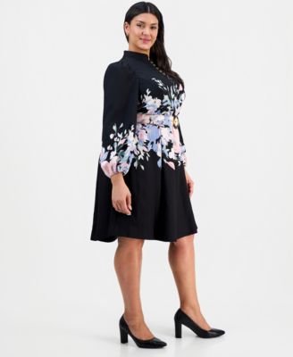 Plus Size Belted Floral Print Fit & Flare Dress