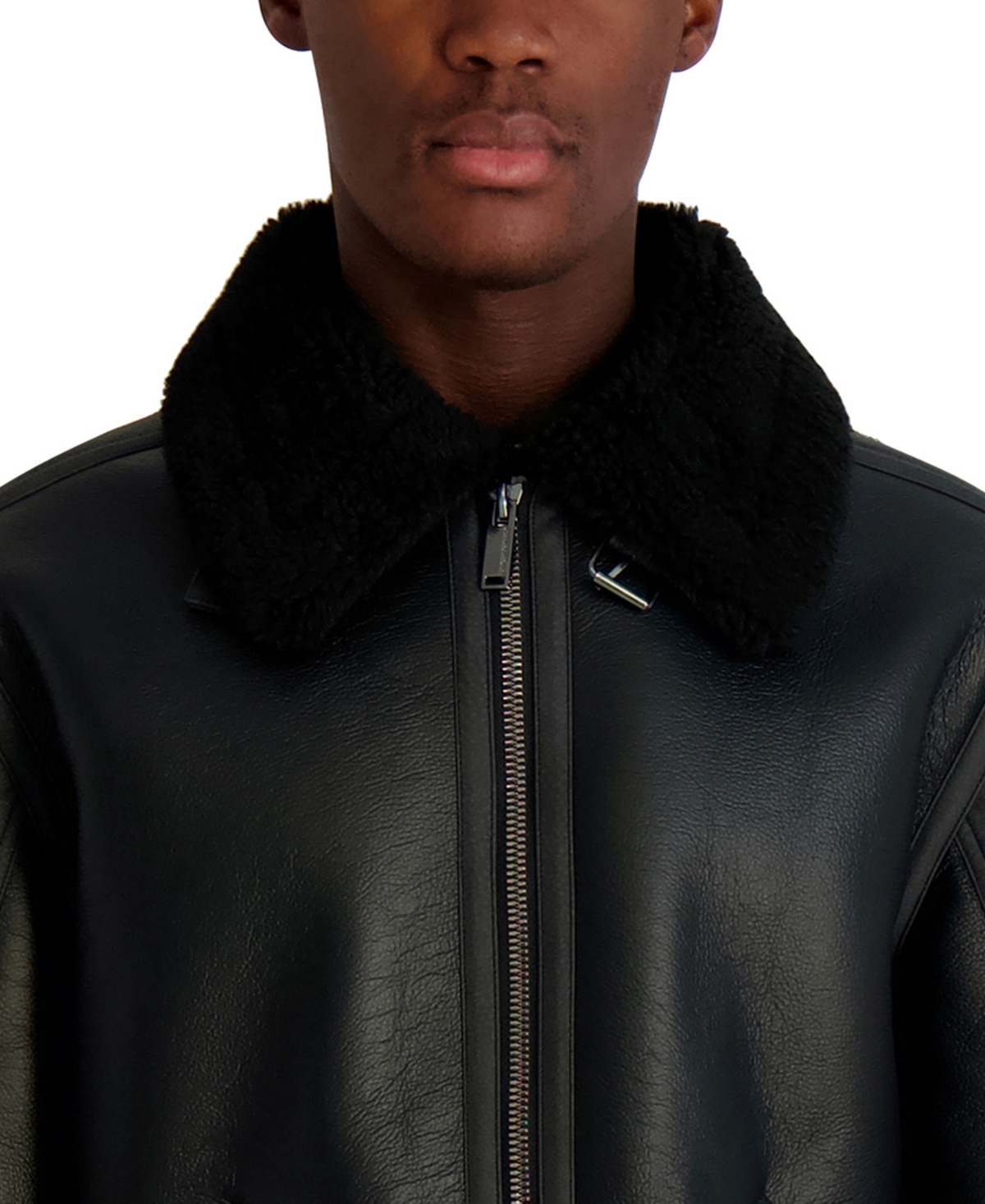 Karl Lagerfeld Paris Men's Sherpa Lined Faux Leather Collared Jacket