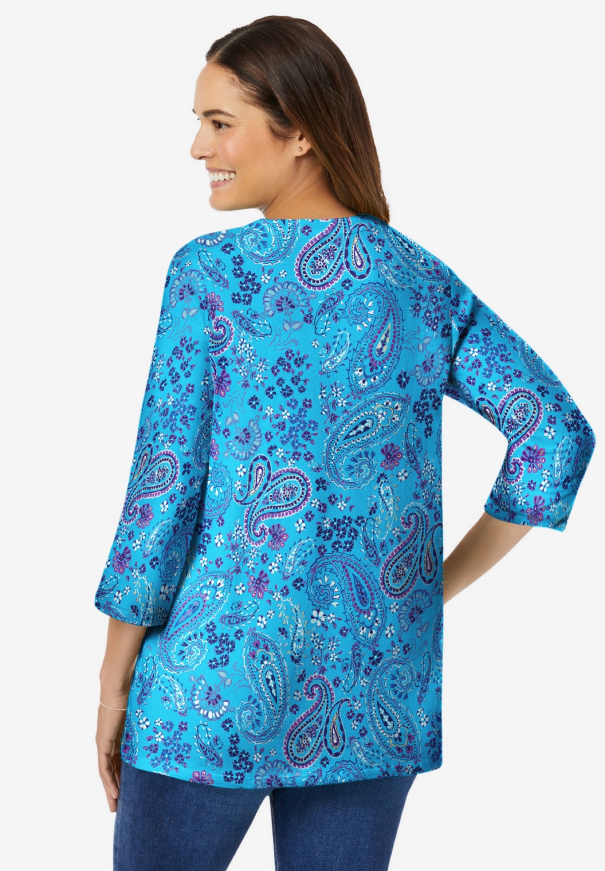 Woman Within Women's Perfect Printed Three-Quarter Sleeve V-Neck Tee