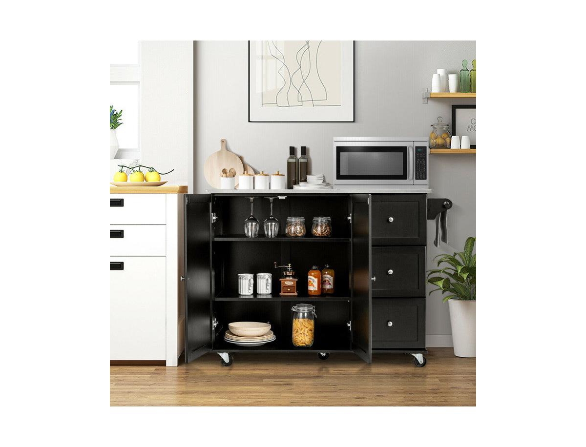 Kitchen Island 2-Door Storage Cabinet with Drawers and Stainless Steel Top