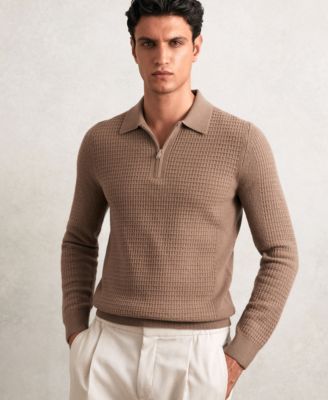 REISS - Men's Wool Waffle-Knit Half-Zip Polo Shirt