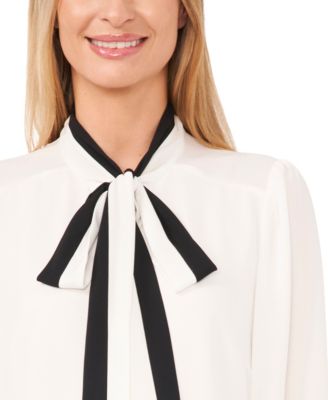 Women's Long-Sleeve with Split Contrast Neck Tie Top