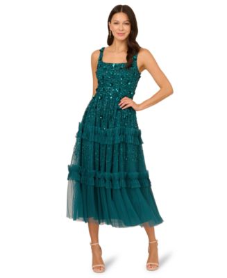 beaded ruffle midi dress AIR-WHIRL FLOWER Turn heads in this Adrianna Papell midi dress Printed Ruffle-Hem Strap Midi Dress
