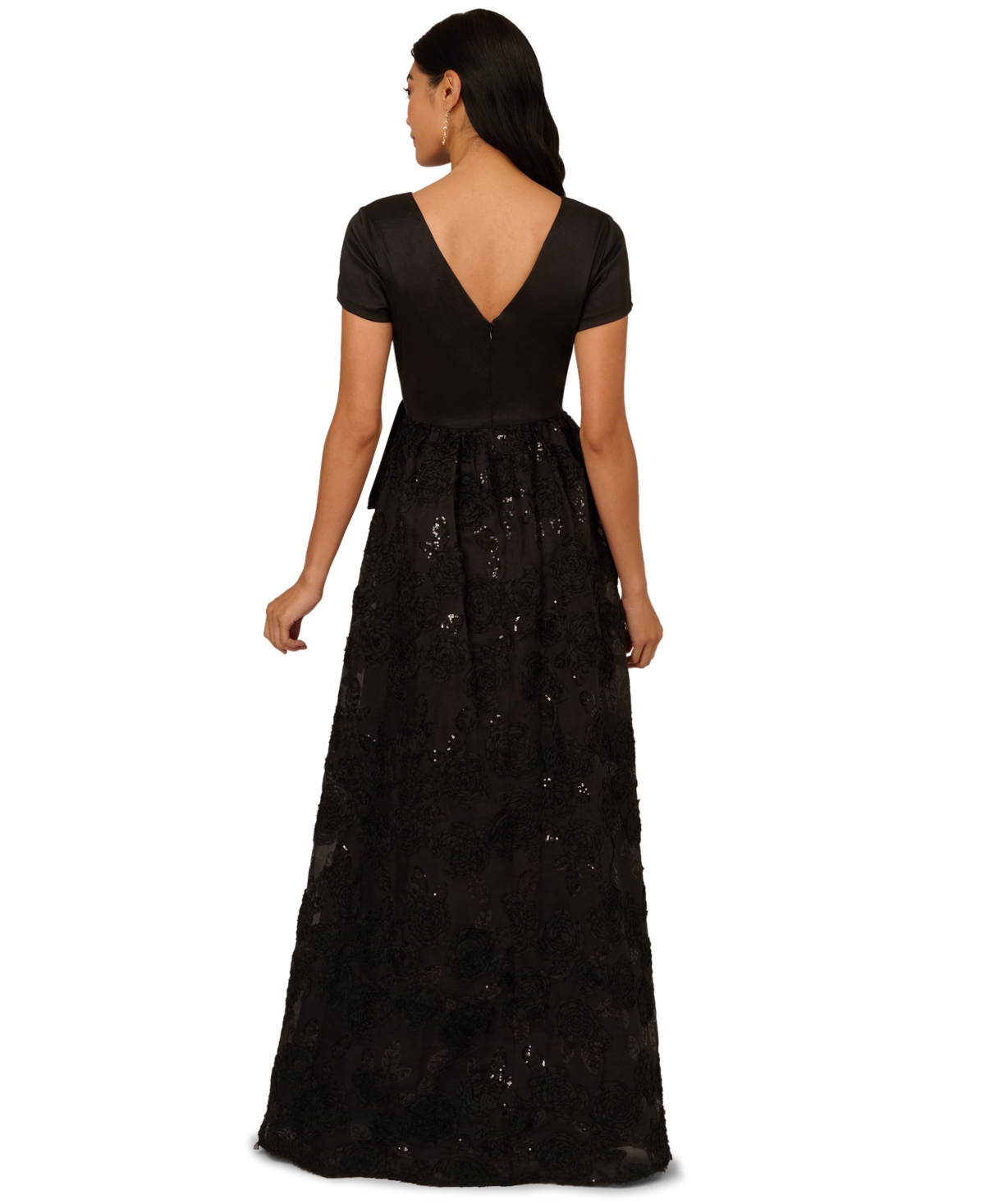 Adrianna Papell Women's Soutache Floral Combo Short-sleeve Gown In Black