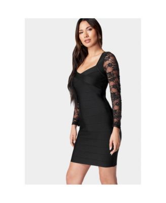 Womens Long Sleeve Lace and Bandage Dress