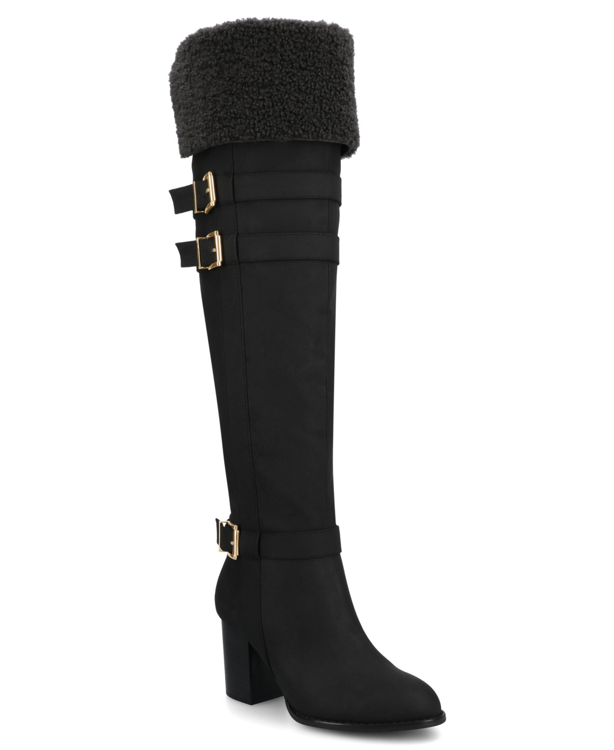 Journee Women's Alyza Buckle Detail Over-the-Knee Inside Zipper Almond Toe Comfort Sherpa Boots