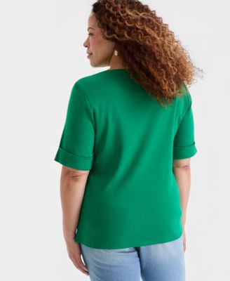 Plus Size Boat-Neck Elbow Sleeve Cotton Top