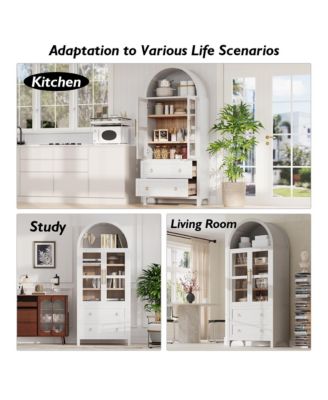 71" Tall Arched Kitchen Pantry Cabinet with Glass Doors, Adjustable Shelves & 2 Large Drawers