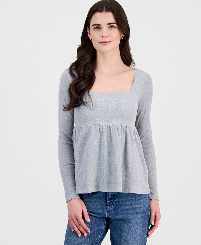 Juniors' Long Sleeve Ribbed Babydoll Top - thumbnail 7