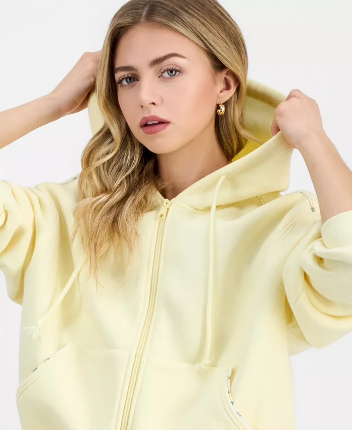 Juniors' Zip-Front Printed Piping Drawstring Hoodie - thumbnail 6
