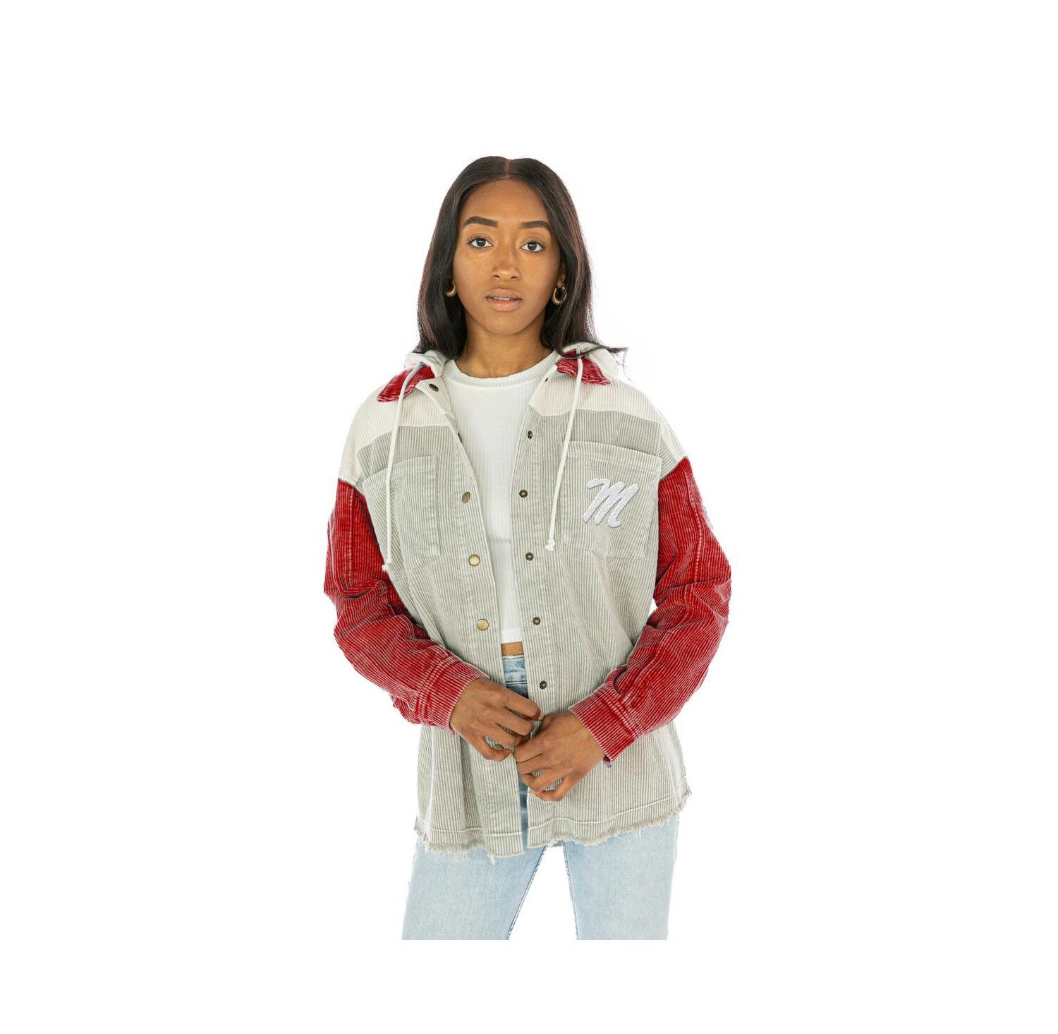 Women's Red Ole Miss Rebels Vintage Wash Corduroy Full-Snap Hooded Jacket